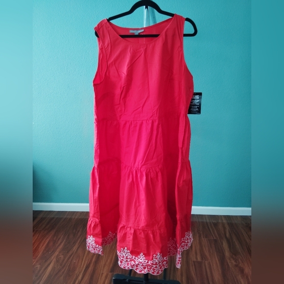 Jessica London Red Sleeveless Tiered Dress Embroidered Hem Flowy Fit (C-20) - Picture 10 of 14